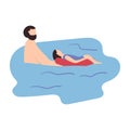 Cute pair of father and daughter spending time together - swimming in the pool. Happy fatherhood. Flat cartoon vector illustration