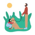 Cute pair of father and daughter spending time together - walking the dog. Happy fatherhood. Flat cartoon vector illustration