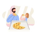 Cute pair of father and daughter spending time together - eating pizza. Happy fatherhood. Flat cartoon vector illustration