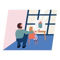 Cute pair of father and daughter spending time together - drawing a house. Happy fatherhood. Flat cartoon vector illustration