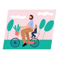 Cute pair of father and daughter spending time together - riding a bike. Happy fatherhood. Flat cartoon vector illustration