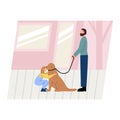 Cute pair of father and daughter spending time together - walking the dog. Happy fatherhood. Flat cartoon vector illustration