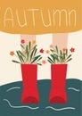 Girl in red rubber boots standing in puddle with autumn flowers coming from her boots. Autumn concept. Flat vector illustration