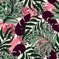 Jungle leaf seamless vector floral pattern background. Trendy summer Hawaii print. Vector design. Jungle print. Floral