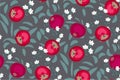 Pink apples and flowers elegant abstract seamless pattern. Hand drawn floral fruit print on grey, silver background. Royalty Free Stock Photo