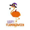 Happy Flamingoween halloween with flamingo - funny vector quotes and llama drawing.