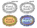 Set of hand drawn oval textile patches with frills, seam, heart and handwritten inscription `hand made`