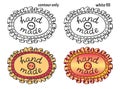 Set of hand drawn oval textile patches with frills, seam, button and handwritten inscription `hand made`