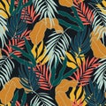 Tropical seamless pattern with colorful and bright plants and leaves. Jungle leaf seamless vector floral pattern background.