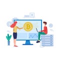 Blockchain concept illustration of young men and women using laptop