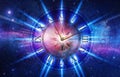 Divine timing, wheel of karma, fortune, horoscope, symbols of zodiac, rays of light and stars over universe background Royalty Free Stock Photo
