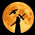 Silhouette of a monk with a cross and a raven on a background of the moon