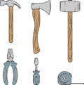 Set of construction tools. Vector illustration of hammer, ax, screwdriver, sledgehammer, pliers, tape measure. Royalty Free Stock Photo