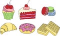 Cake, macaroons, croissant, donuts & waffles. Tasty illustration.