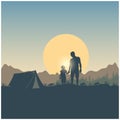 Silhouette of people, mountains, hills and forest on the sun and sky background. Wanderlust and camping. Concept adventure landsca Royalty Free Stock Photo