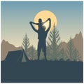 Silhouette of people, mountains, hills and forest on the sun and sky background. Wanderlust and camping. Concept adventure landsca Royalty Free Stock Photo