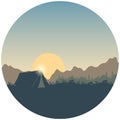 Concept adventure landscape. Wanderlust and camping. Silhouette of mountains, hills and forest on the sun and sky background. Spri