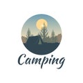 Summer camping concept. Outdoor recreation template. Logo adventure landscape and wanderlust. Nature, tent and sunrise. Inspiratio