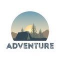 Logo of summer camping. Outdoor recreation template. Concept adventure landscape and wanderlust. Nature, tent and sunrise. Inspira