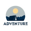 Outdoor recreation template. Logo of summer camping. Concept adventure landscape and wanderlust. Nature, tent and sunrise. Inspira