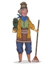 Farmer senior woman with plant in pot and rake in her hand. Cute cartoon character working in the garden.