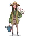 Farmer girl with flowers in her hands and watering can. Cute cartoon character dressed in work overalls and hat with little bird.