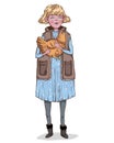 Farmer girl holding chicken in her hands. Cute cartoon character.