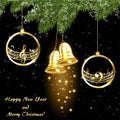 Christmas card with golden bells on a musical theme Royalty Free Stock Photo