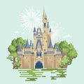 Princess castle from a fairy tale with many beautiful towers in flat style