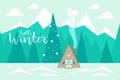 Hello Winter background. Winter landscape with mountains, forest and wooden house Royalty Free Stock Photo