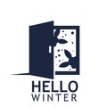 Hello winter vector background. Happy rabbit with door. Royalty Free Stock Photo