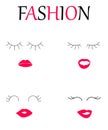 Web fashion women`s lips and eyelashes. set of female faces . emotions of woman on a white background, banner, logo in fashi