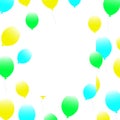 Web many yellow blue balloons fly to the top on a blank space background. holiday banner.