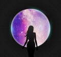 Girl silhouette at round window, space scene outside, meditationws