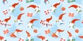 Winter christmas pattern with funny gnomes and gifts. Vector seamless texture.