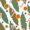 Winter christmas pattern with orange, cinnamon,leaves and sweets. Vector seamless texture.