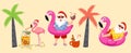 Tropical Christmas. Funny tropical collection of images with santa, flamingo, palm tree and flamingo inflatable ring. Vector illus