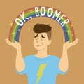 Man shrugs with OK, Boomer rainbow flat cartoon