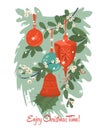 Christmas wreath with cute decorations and berries in vintage style.