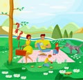 Happy family on a picnic. Father, Mother and two sons. Wild animals stealing food.