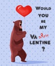 Greeting card Happy Valentine`s Day. Growling brown bear with heart-shaped balloon