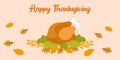 Baked turkey for Thanksgiving Day on a tray greeting card, banner. Vector illustration with calligraphic text and yellow leaves in