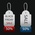 Set of realistic red and blue sale tags and labels. Vector illustration on isolated black background. Royalty Free Stock Photo