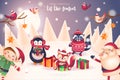 Cute Christmas characters for Holiday design. Christmas Greeting Card for invitation, congratulation. Vector illustration Royalty Free Stock Photo