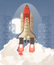 Shuttle launch. Vector illustration with modern space transport. Royalty Free Stock Photo