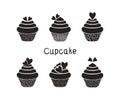 Set of cupcakes. Silhouettes of cupcakes with cream and hearts.