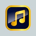 Musical note icon on gold and blue glossy button. Vector illustration on isolated background. Royalty Free Stock Photo