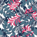 Abstract seamless tropical pattern with colorful plants and leaves. Jungle leaf seamless vector floral pattern background. Royalty Free Stock Photo
