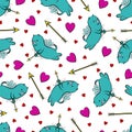 Hearts, arrows and winged cats. Valentine`s day background.