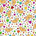 Hearts and winged cats. Valentine`s day background.